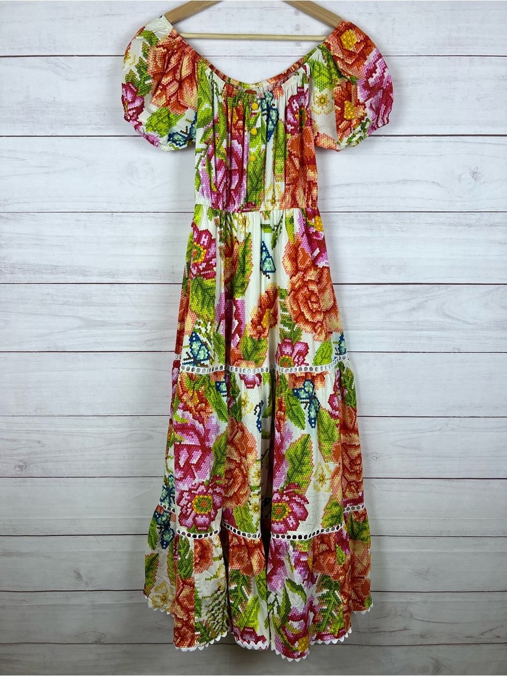Farm Rio colorful tropical printed Macie Tiered Maxi Dress size Small